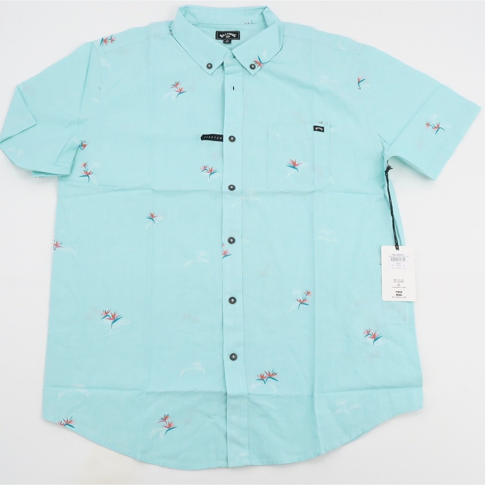 Billabong Sundays Mini Short Sleeve Button Down Shirt Aqua Blue Floral Mens L